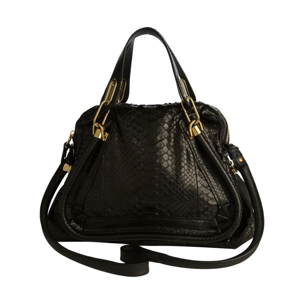 Chloe Paraty Black Python-Texture Shoulder Bag with Gold Hardware